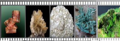 Cinco muestras minerales: cristales rojizos, barita, calcita blanca y minerales verdes de cobre.