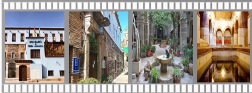 Composición con la fachada del balneario, muros históricos, un patio con fuente y la sala de baños abovedada.