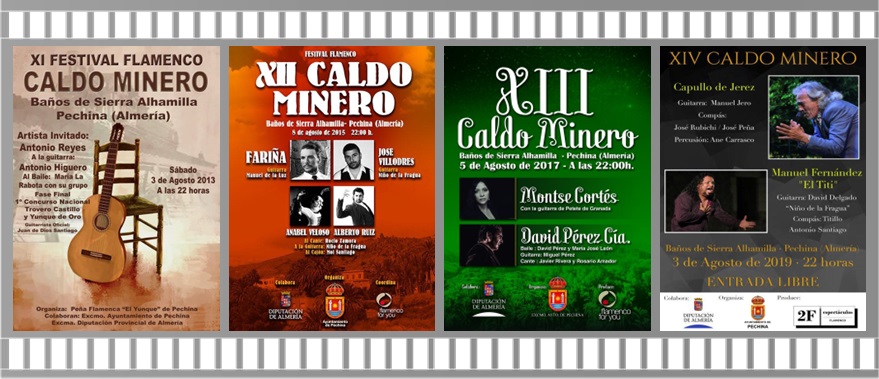 Cuatro carteles del festival flamenco Caldo Minero de los Baños de Sierra Alhamilla.