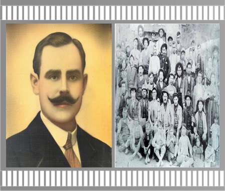 Retrato del maestro Castillo junto a una fotografía histórica de un grupo escolar.